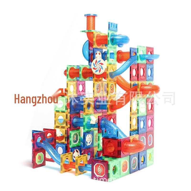 Cross-Border Magnetic Tiles: Colorful Large Window Building Blocks with Pipe Rolling Ball for Kids