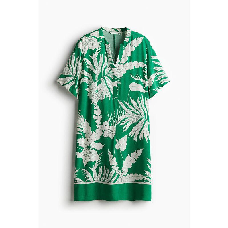 

HM Женская одежда Платье с цветочным принтом 2025 Лето Новинка Китайский воротник-стойка Свободная вискозная юбка Юбка 1214786 Green/White Florals 170/104