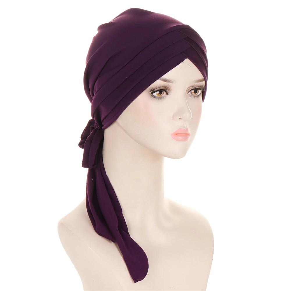 New Muslim Inner Hijab Turban Women Pre-Tied Cap Long Tail Headscarf Wrap Beanies Bonnet Head Scarf Stretch Headwear Ninja Hat