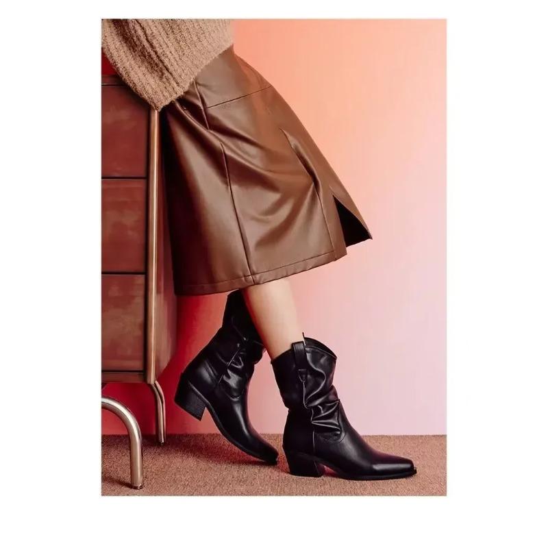 Fashion Women Chunky Heeled Western Boots Faux Suede Ankle Boots Woman Autumn Vintage Loose Tube Pleated Mid Calf Cowboy Botas Mujer