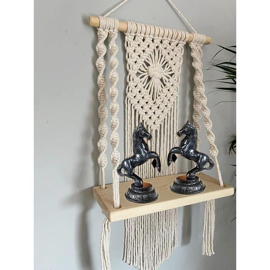 Muizz Macrame Wall Hanging Shelf, Wood & Cotton Rope, Ivory, Handcrafted Home Decor