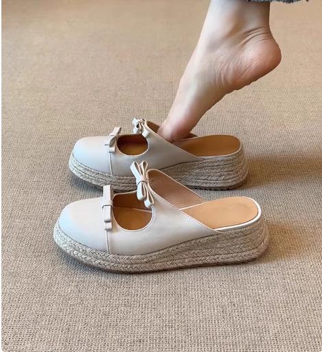 Soft Leather Version~ Thick-soled Straw Woven Bag Head Bow Sandals Women's Round Head Shallow Mouth Word with Muffin Low Half-drag Sandals