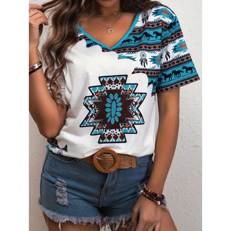 

Модные женские футболки с коротким рукавом и V-образным вырезом в этническом стиле S