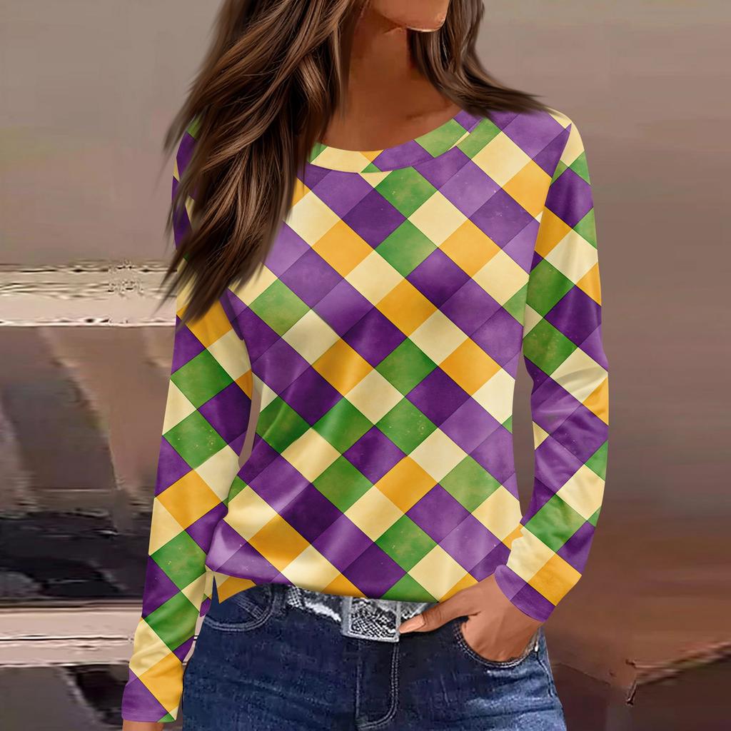 Damenmode Lässig Schlitzsaum Rundhals Langarm Locker Bedrucktes T-Shirt Top