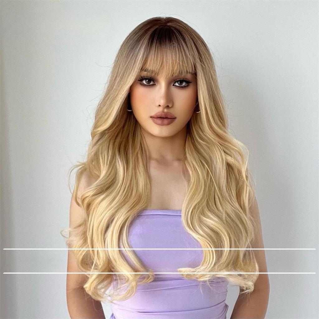 Full Headgear Black Gradual Change Gold Qi Bangs Long Curly Hair Big Wave Wig Female