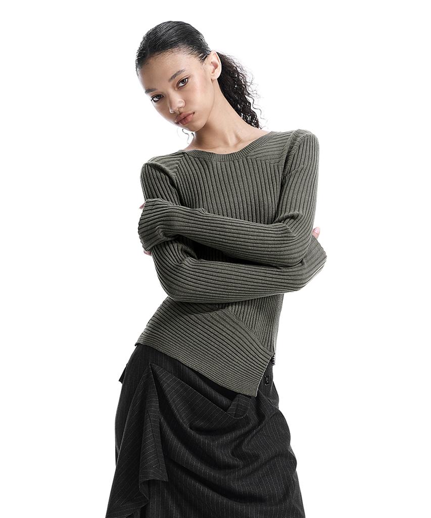 TREEMINGBIRD Asymmetric Ribbed Knit Top [ Khaki ]