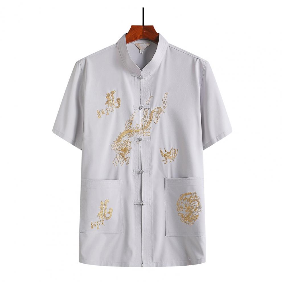 Maglietta Kung Fu Cinese Maglietta Ricamo Drago Cinese Vintage Collo Alto Manica Corta Completo Tang Top Abbigliamento Wing Chun Magliette