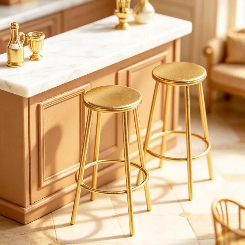 1Pcs Dollhouse Kitchen Cafe Furniture Decoration 1:12 Scale Miniature Bar Stool Metal Round Chair Model