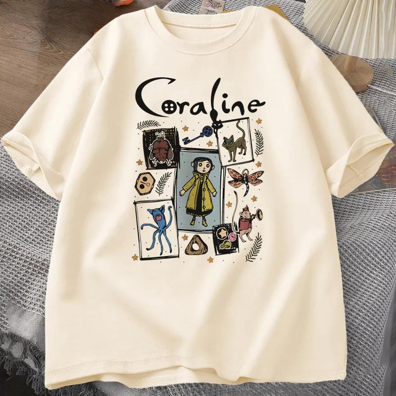 

Футболка Coraline Halloween для мужчин, жуткая винтажная футболка Harajuku, осенняя футболка с коротким рукавом, хлопковая женская одежда, футболки мужские XXL хаки