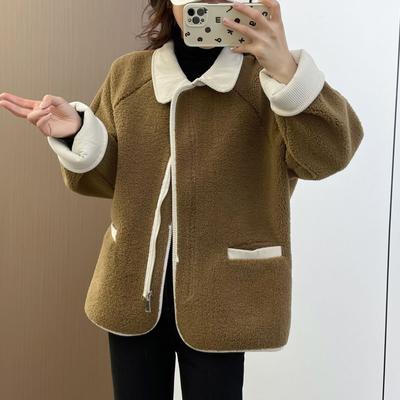 Women's  And Winter Contrast Color Lapel Lamb Wool Jacket Fashion Loose Casual Short One-piece Top