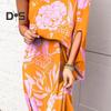 Women's One Shoulder Maxi Dress Batwing Sleeves Floral Printed Split Long Dress Pleated High Waist Cocktail Party Dress