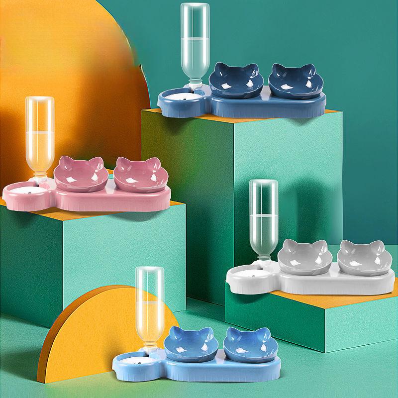 2026 New Elevated Cat Food Bowl Set Non Slip Double Pet Feeder Stainless Steel Dish for Cats and Dogs KTY
