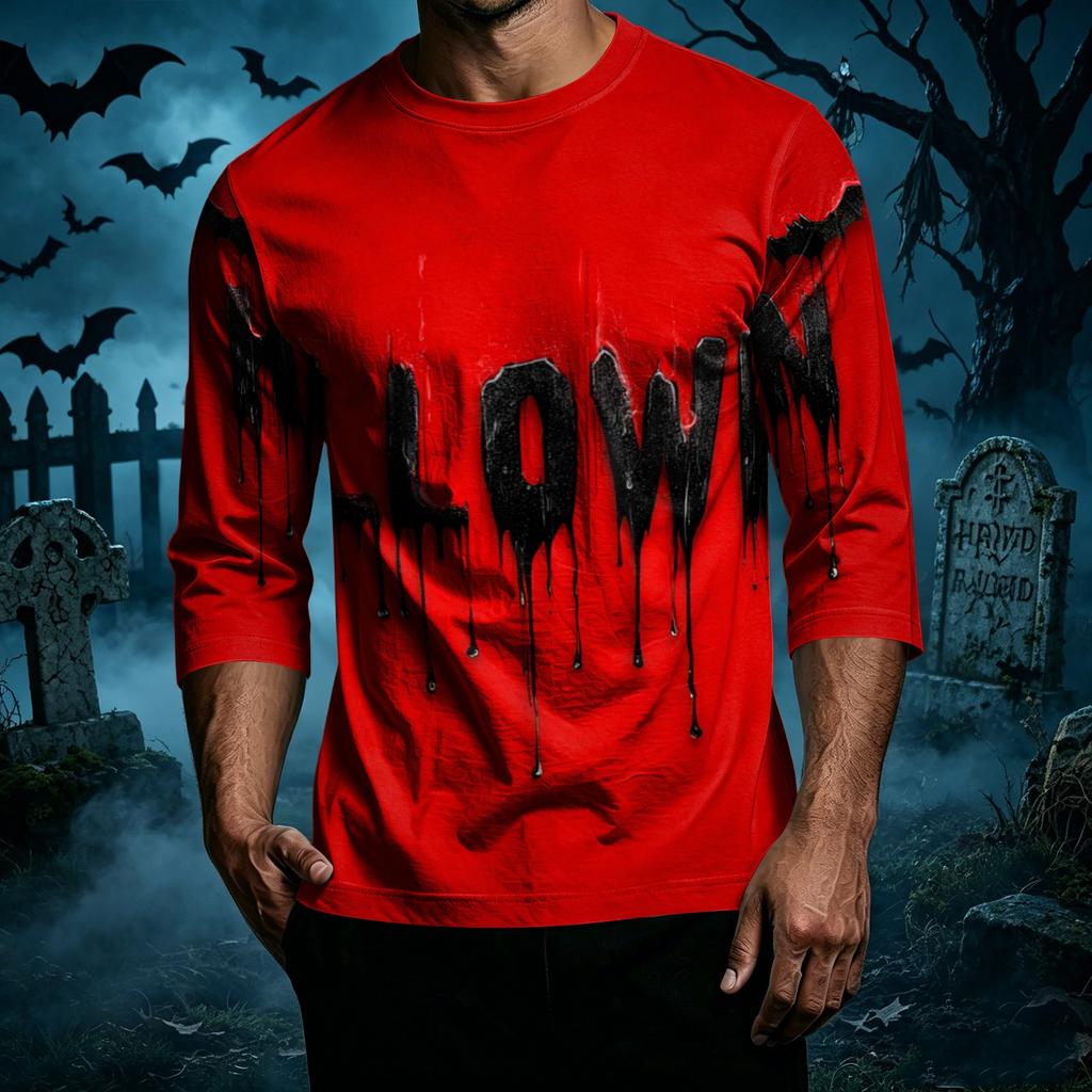 Men Casual Halloween Print Crew Neck T Shirt Three Quarter Sleeve Top Lightweight Comfortable Fit