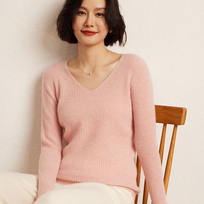 2026 Women's Cashmere V-Neck Slim Fit Sweater - Autumn/Winter, Soft Vertical Stripe Knit, Long Sleeve