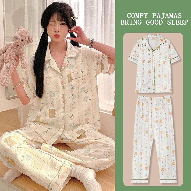 Pajamas Women'S Two-Piece Set Cute Cartoon Bear Summer Cardigan Short-Sleeved Trousers Fashionable Versatile Loungewear
