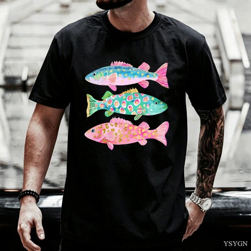 Preppy Fish Tshirt Unisex Summer Coastal Fish Beach Tshirts Causal Round Neck Printed Cotton Short Sleeve T Shirts Unisex Tops