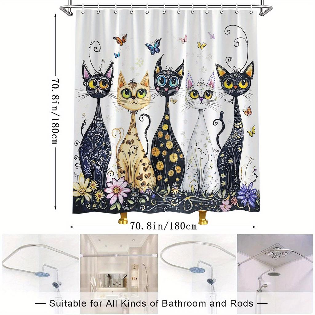 Whimsical Cat Shower Curtain - Fun Hand-Drawn Design With Floral & Butterfly Accents, Water-Resistant Polyester Fabric