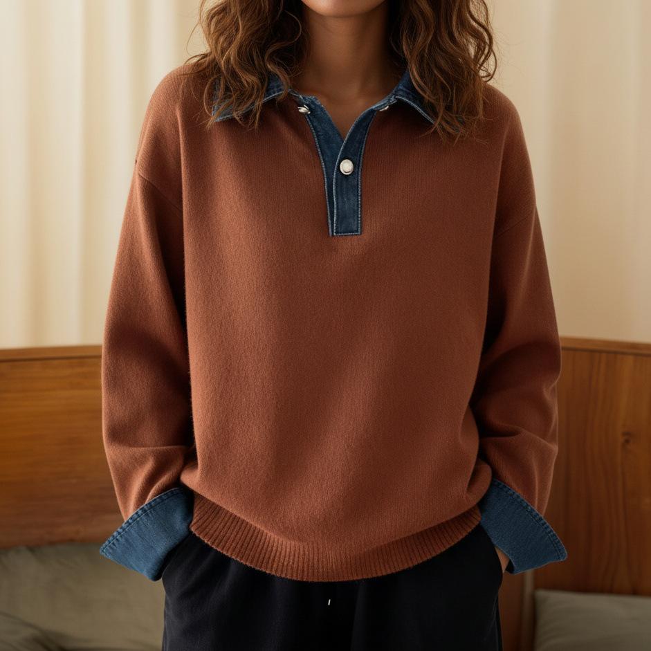 European & American Autumn/Winter Color Block Denim Patchwork Knit Pullover Sweater for Women