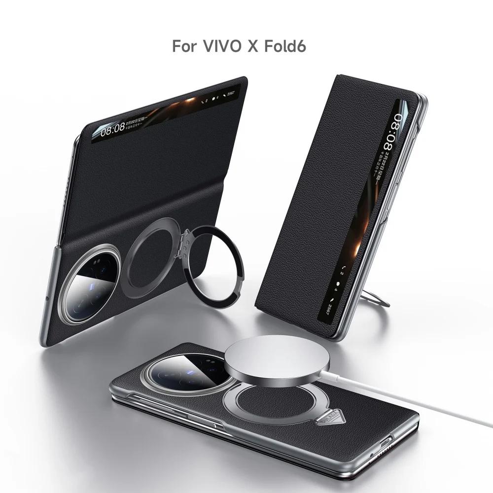 Sulada Premium Genuine Cowhide Leather Magnetic Flip Case For VIVO X Fold 6 XFold6 Ring Holder Bracket Smart Window View Cover