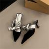 2024 Summer New Korean Version Bow Bag Head High Heel Half Drag Thin Heel Cool Slippers Foreign Trade Women's Shoes Silver Microfiber