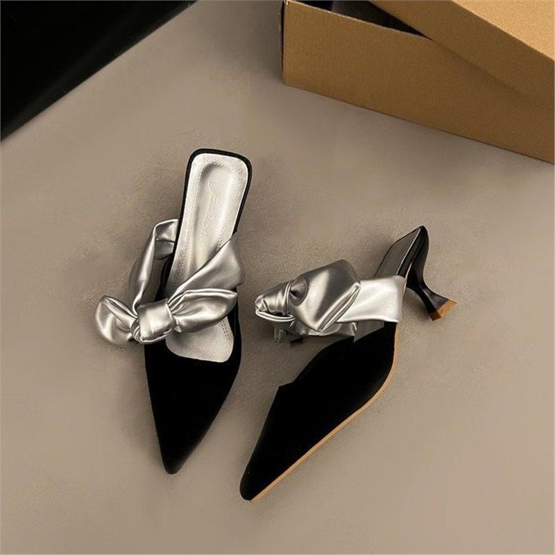 2024 Summer New Korean Version Bow Bag Head High Heel Half Drag Thin Heel Cool Slippers Foreign Trade Women's Shoes Silver Microfiber