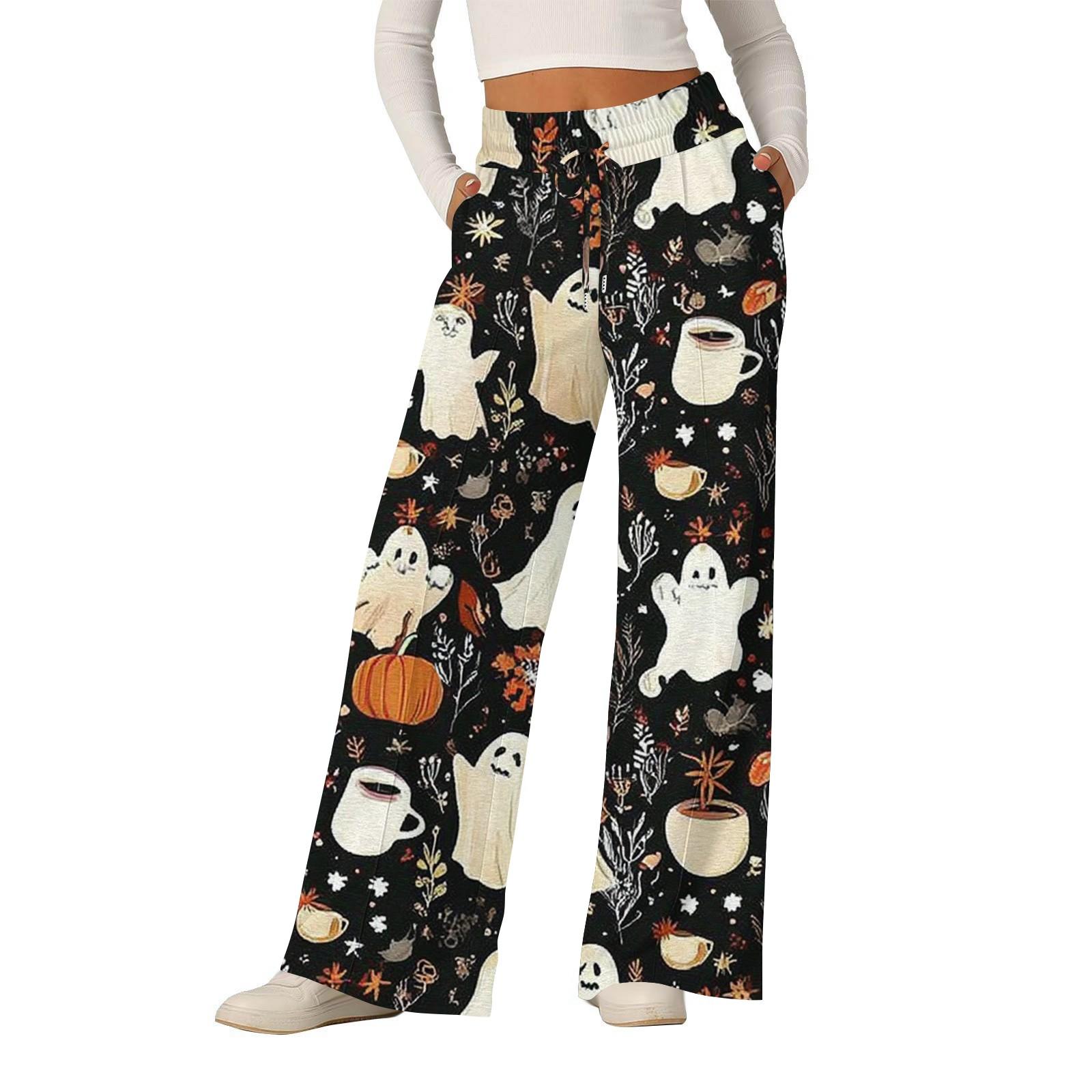 

Women s Halloween Printed Fashionable Loose Casual Wide Leg Pants M бежевий