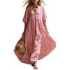 Damen Kurzarm A-Linien Swing Kleid, V-Ausschnitt Plissiert Fließendes Langes Kleid, Sommer Lässig Strandurlaub Sommerkleid