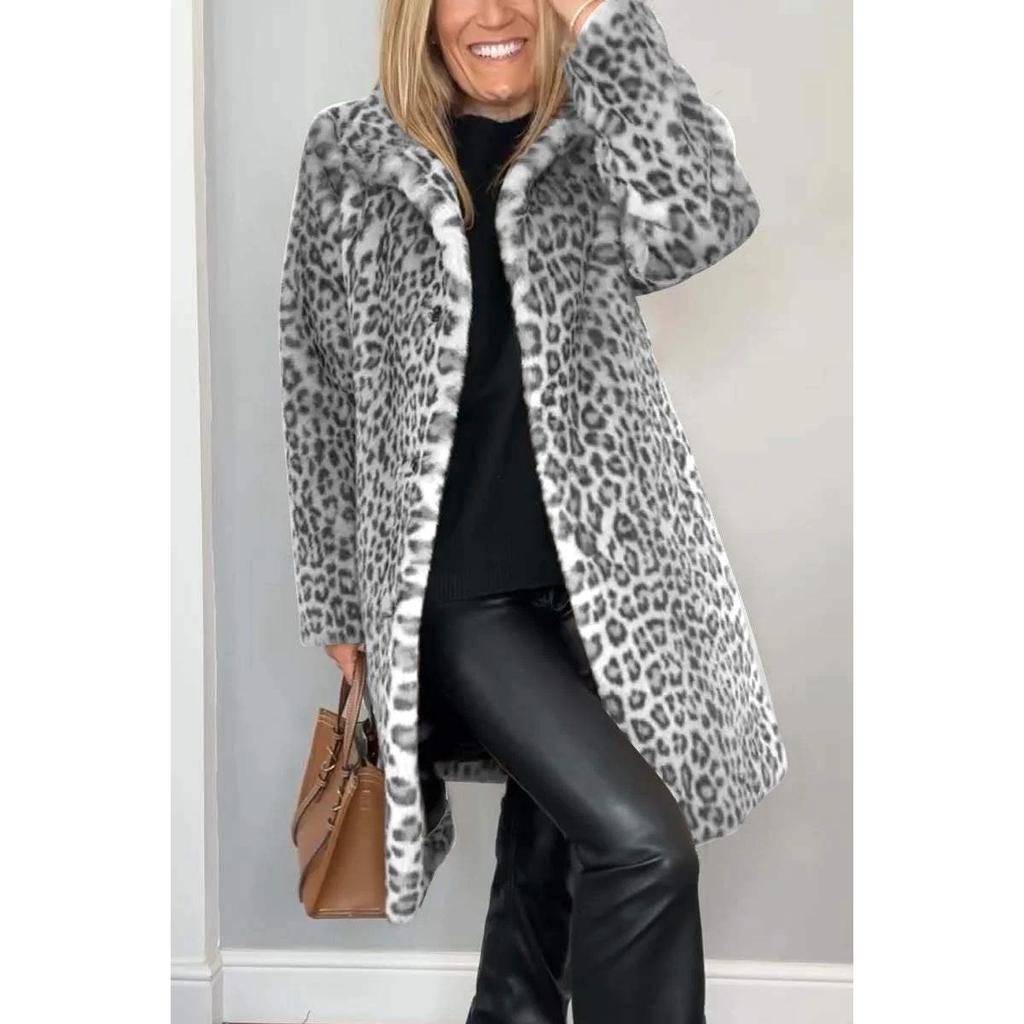 Cappotto da donna con revers, monopetto, stampa leopardata, finta pelliccia, lunghezza media