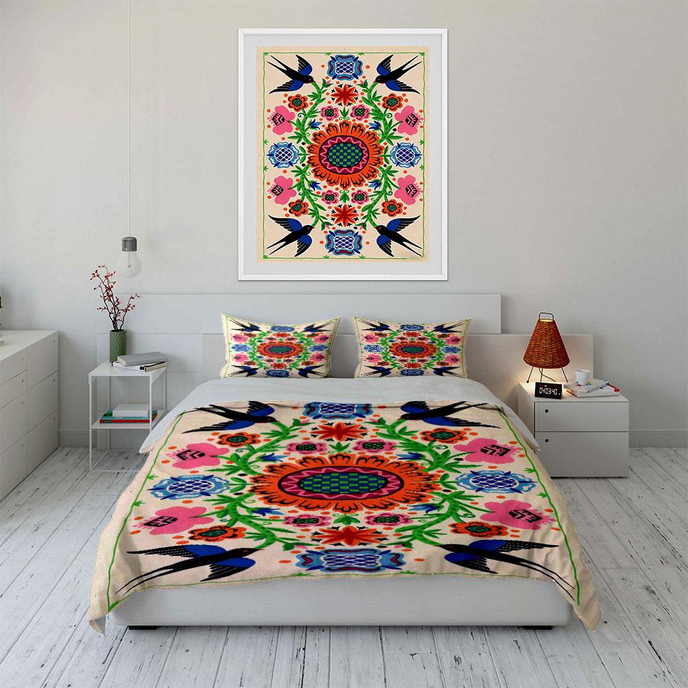 Colorful floral swallows design. Bedding sets Duvet cover sets Duvet covers Pillowcases(1 * Duvet Cover 2 * Pillowcases, without duvet insert)
