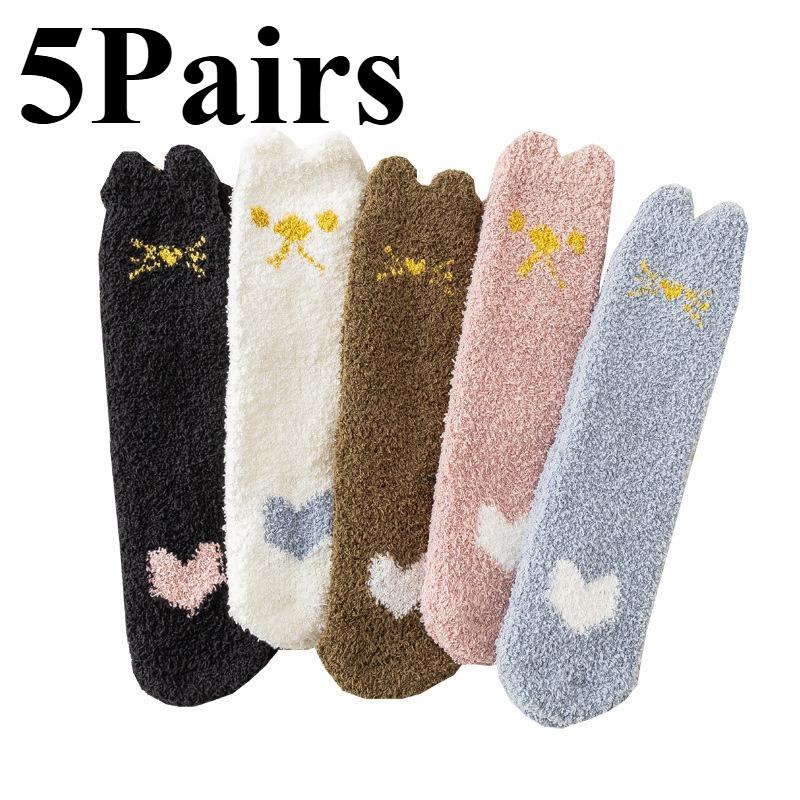 5 Pairs/Set Woman Comfortable and Warm Socks, Warm and Thick Winter Mid Tube Warm Socks, Sleeping Socks, Fashionable Patterns One Size