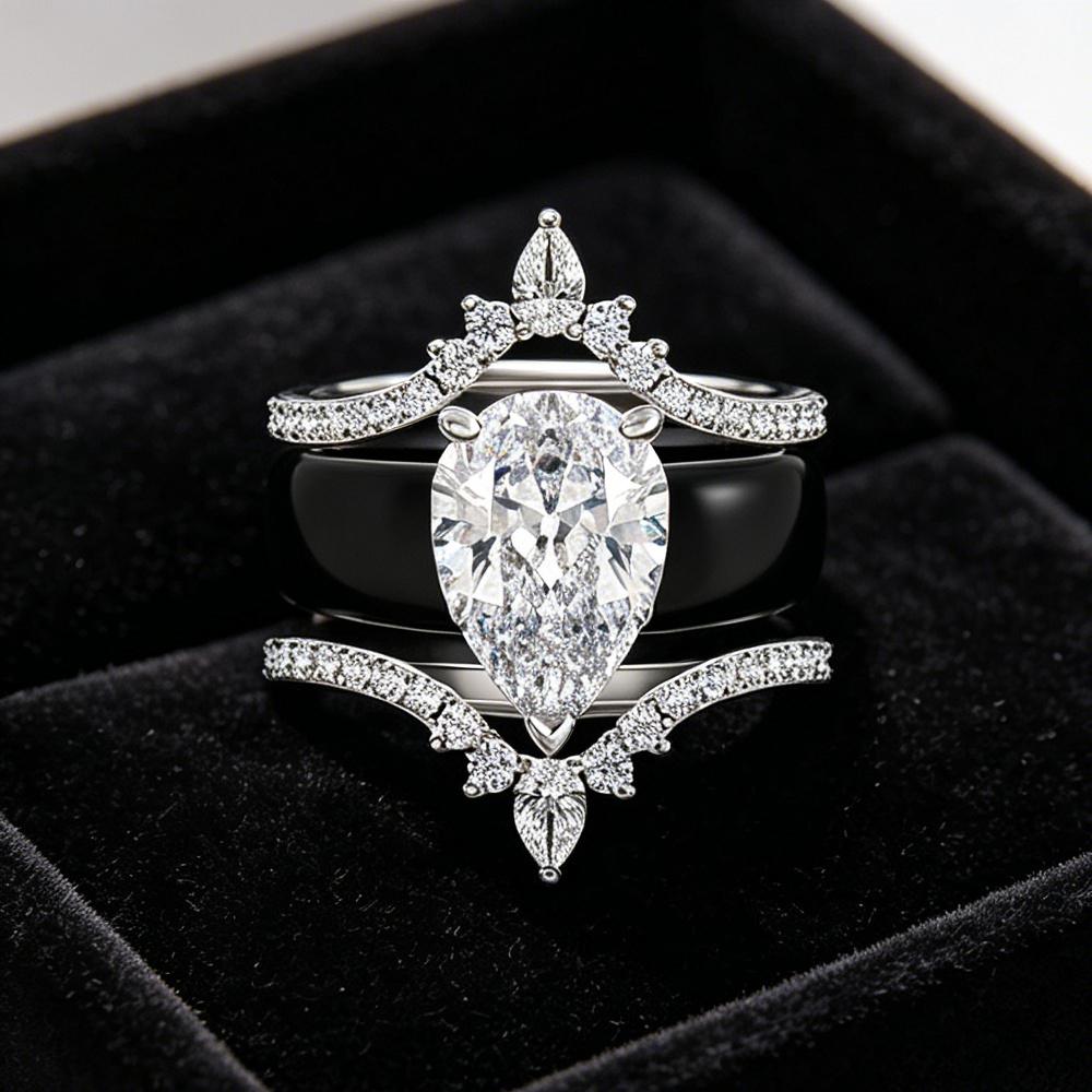 Black Silicone Crown Wedding Ring Set Pear Cut Zircon S Stackable Engagement Band for Women Bridal Gift Jewelry