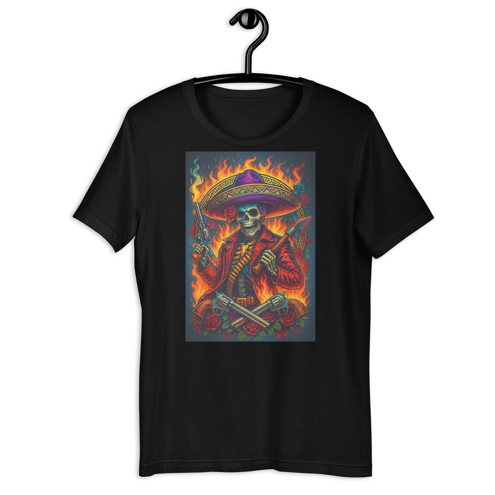 Mexican Skeleton Mariachi Fire Guns Roses Chicano Graphic T-Shirt S