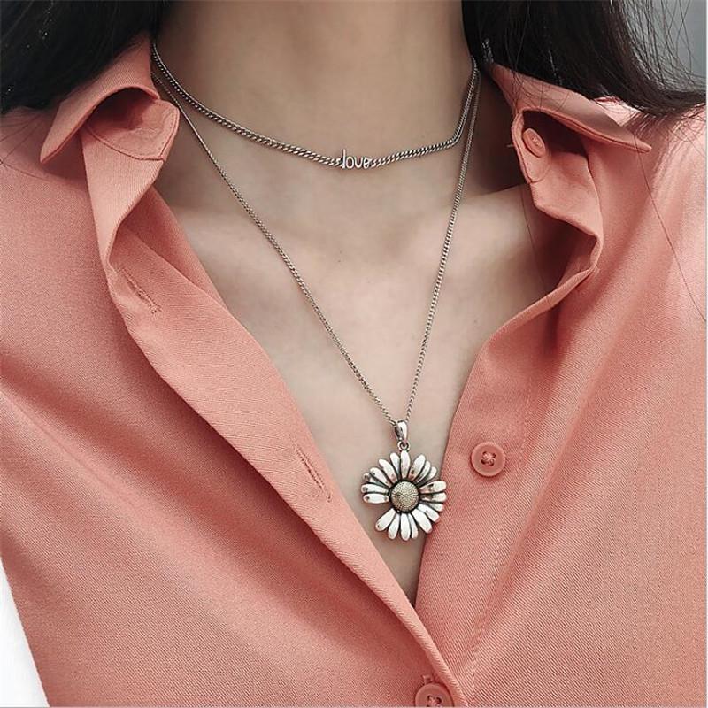 New Fashion Personality Creative Sunflower 925 Sterling Silver Jewelry Female Retro Old Flower Pendant Necklaces TYB356