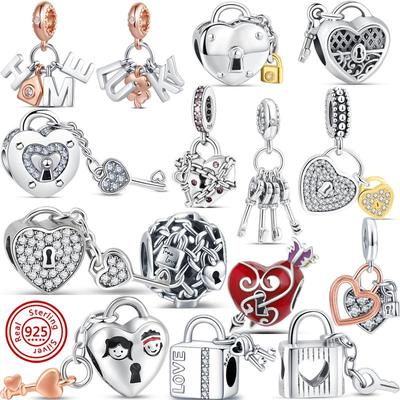 Ciondolo a forma di cuore con lucchetto e chiave in argento sterling 100% 925, con ciondolo a forma di famiglia portafortuna, adatto per braccialetti e gioielli.