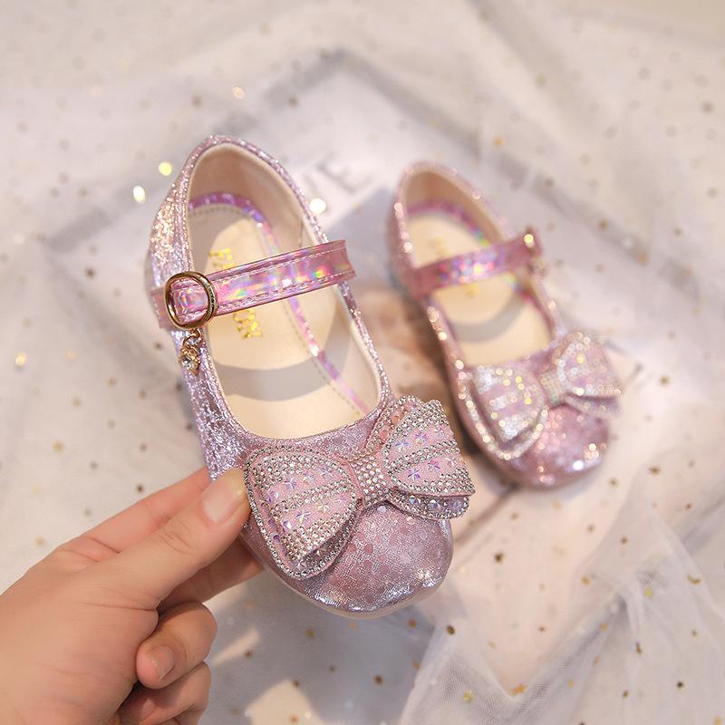 Chaussures de princesse pour filles, petites chaussures en cuir avec nœud en strass, roses, mignonnes, à fond souple, simples, sophistiquées, généreuses et élégantes pour filles