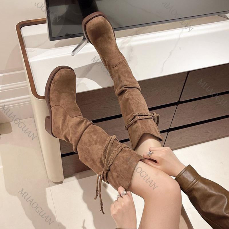 Fashion 2025 Autumn New Tassel Knight Boots Women Black Brown Thick Heeled Solid Mid-calf Boots Stacked Suede Slip on Botas Feminino