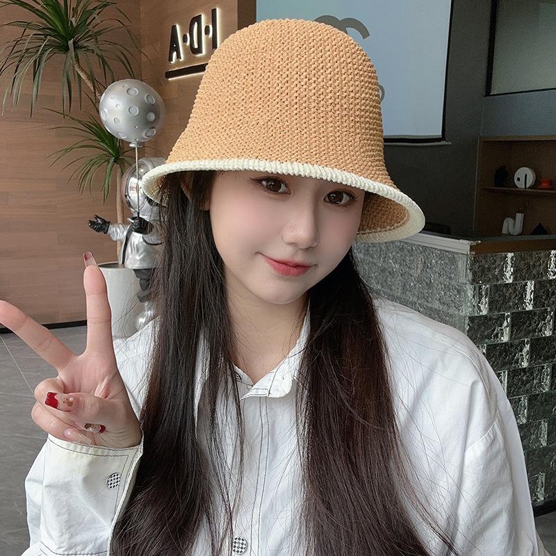 Straw Bucket Hat Women's Summer Thin Hollow Bucket Hat Plain Face Cover Sun Protection Fashion Outdoor Beach Straw Hat