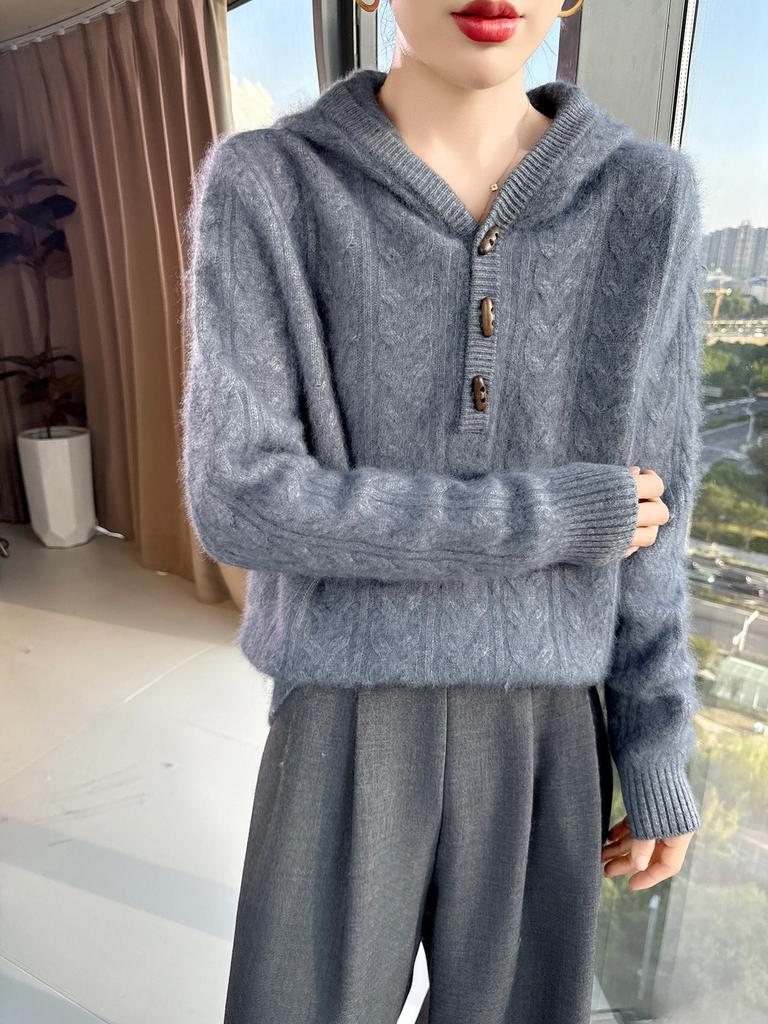 Autumn & Winter Women's Mink Velvet Knit Twist Hoodie - Heavyweight, Loose Fit, Casual Cashmere Sweater