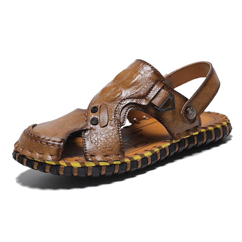 Large size sandals men's hand-sewn breathable casual beach shoes men's soft-soled crocodile pattern Roman sandals
