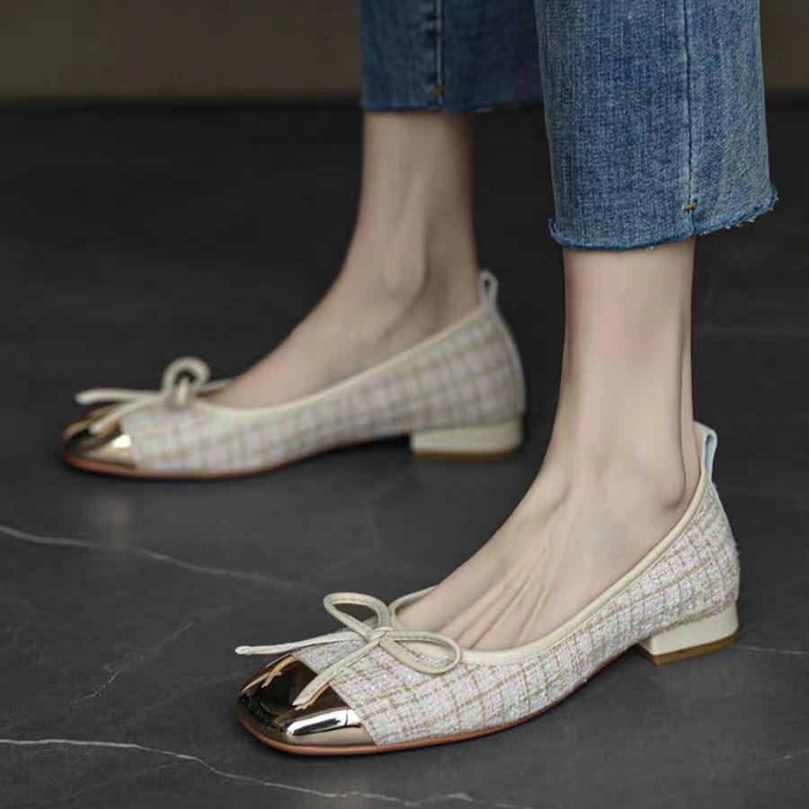 Ballet shoes new metal single shoes women's soft-soled shallow mouth 2025 spring and summer bow small fragrant square head flats