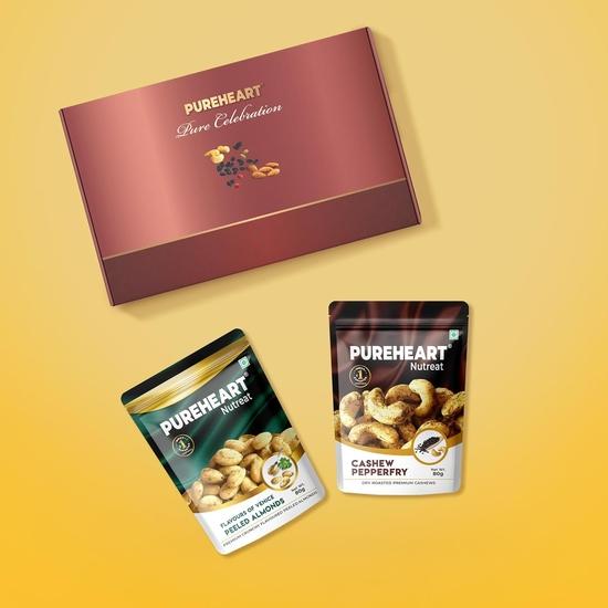 PUREHEART Valentine’s Day Gift Hamper for Him & Her | Premium Dry Fruits Gift Box with Cashew Pepper & Flavour of Venice Peeled Almonds (80g Each)