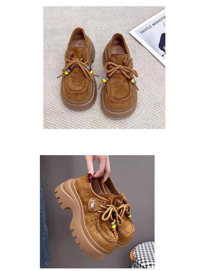 Women's Autumn Platform Matte Loafers - Thick-Soled, Lace-Up, Versatile, Height-Increasing.