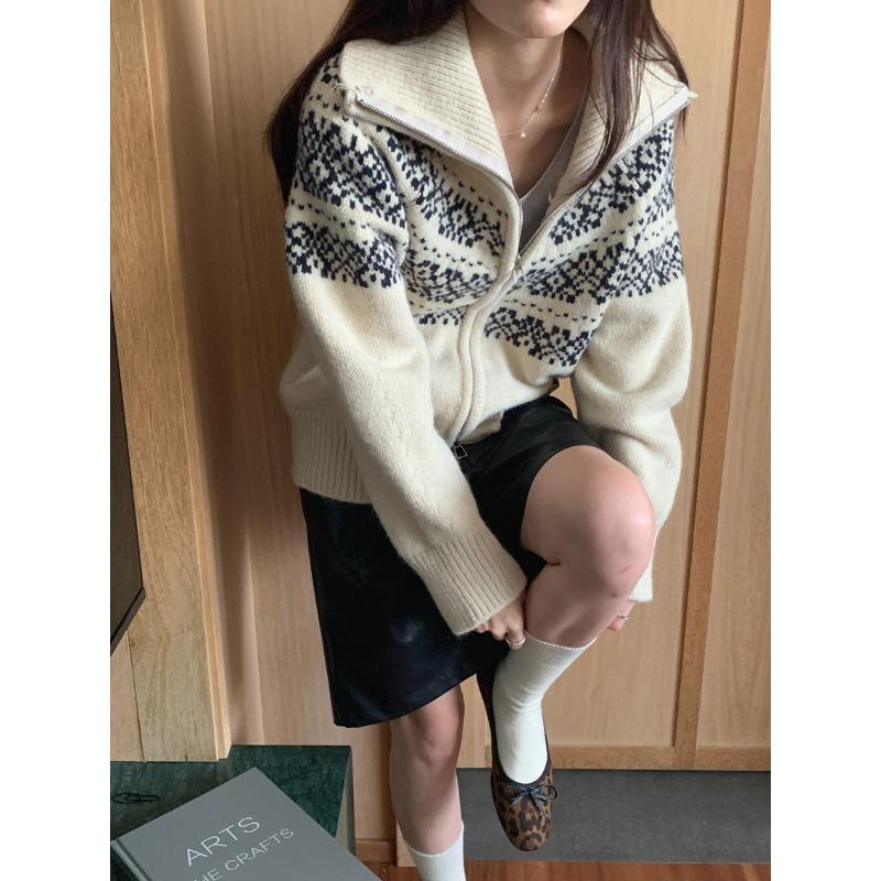Fair Isle Jacquard Zipper Knitted Cardigan Autumn and Winter New Top Christmas Retro Sweater