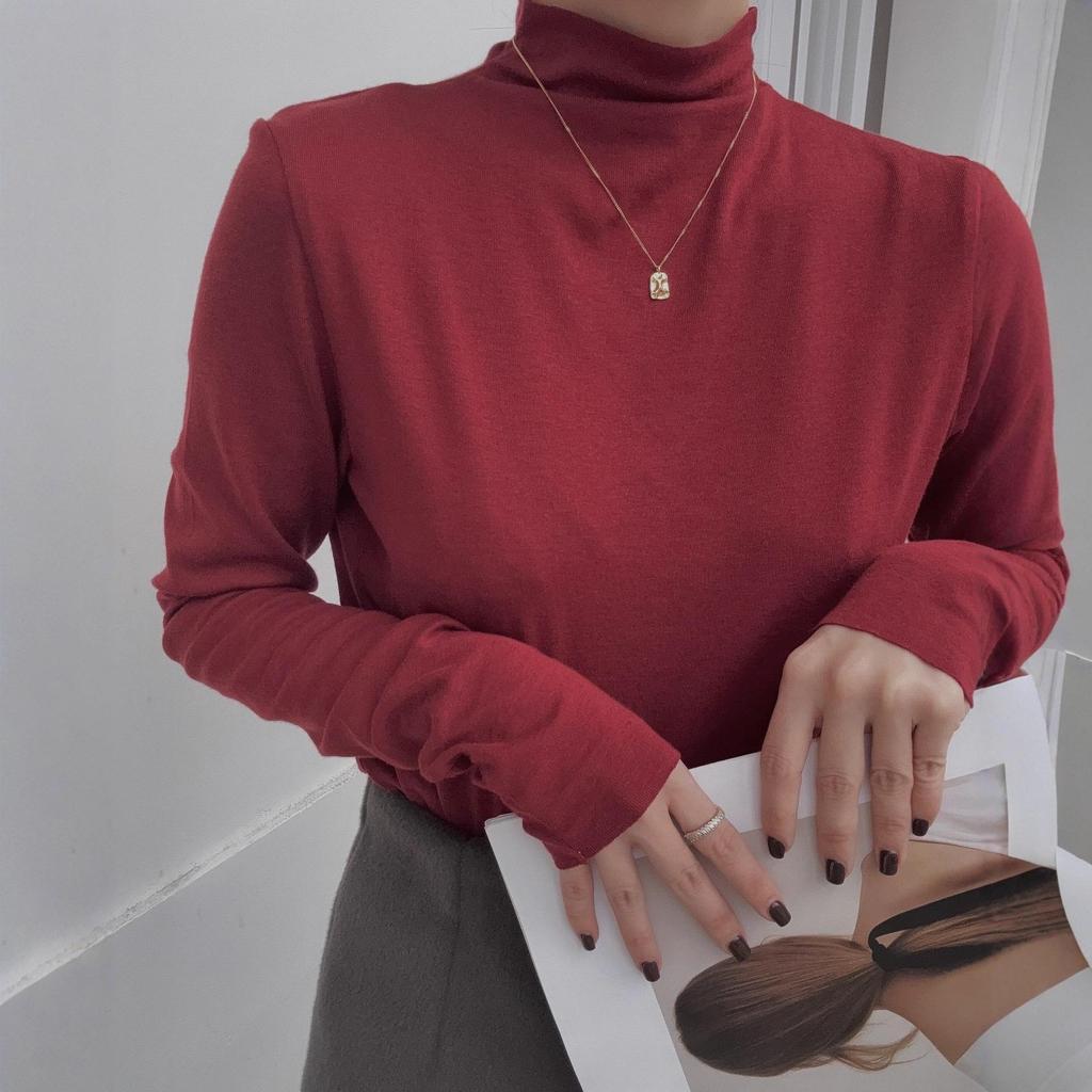 Women's Cashmere Semi-High Neck Long-Sleeve Slimming Top - Autumn/Winter Versatile Solid Color Innerwear