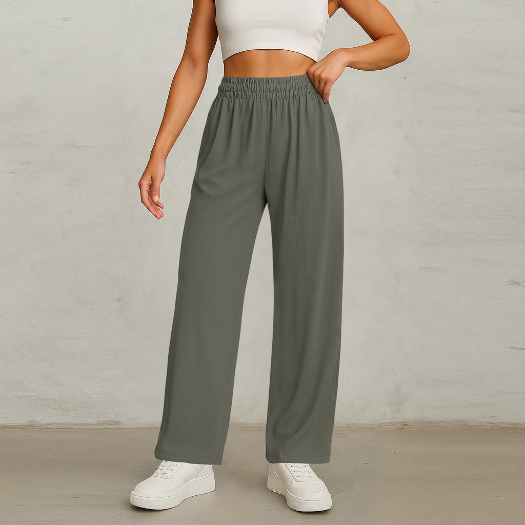 Women's Elastic Waist Wide Leg Pants Baggy Casual Stretch Palazzo Pants With Pockets