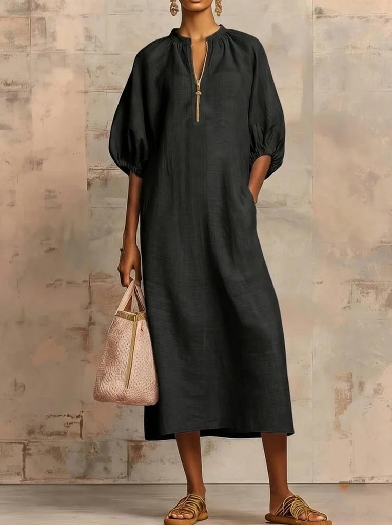 Europe, America spring and summer popular women's clothing solid color loose casual round neck zipper bubble sleeve dress