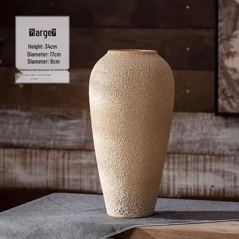 Handmade Retro Nostalgic Large Ceramic Floor Vase – Coarse Pottery Feng Shui Decor for Living Room or Hotel.