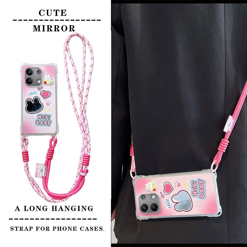 KEYSION Crossbody Strap Phone Case for Redmi Note 13 Pro 4G 5G Cute Cartoon Long Lanyard Mirror Shockproof Cover for POCO X6 M6 Pro 4G