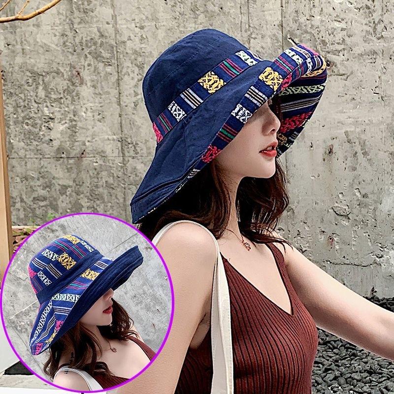 Ethnic style double-sided bucket hat women's big edge Internet celebrity versatile summer hat women's sun protection hat sun hat spring and autumn