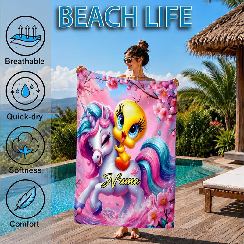 Custom Name Good Night Yellow Bird Heart In Space Adventure Microfiber Beach Towel, Lightweight for Summer Travel, Swimming Pool Fan Gift